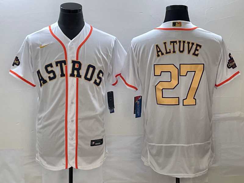 Mens Houston Astros #27 Jose Altuve 2023 White Gold World Serise Champions Patch Flex Base Stitched Jersey